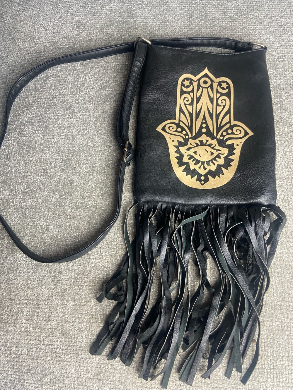 Black Fringe Crossbody Bag with Gold Hamsa Print